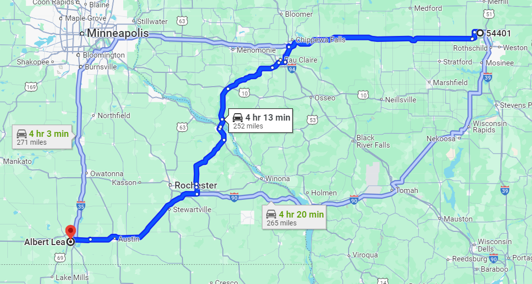 Wausau, Wisconsin to Albert Lea, Minnesota